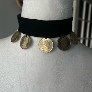 Romanian Coin Pendant Black Velvet Choker Necklace